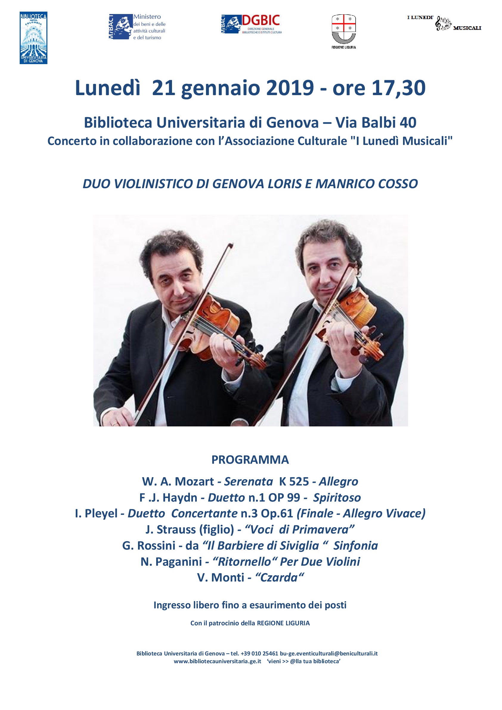 I LUNEDI MUSICALI IN BIBLIOTECA UNIVERSITARIA DI GENOVA